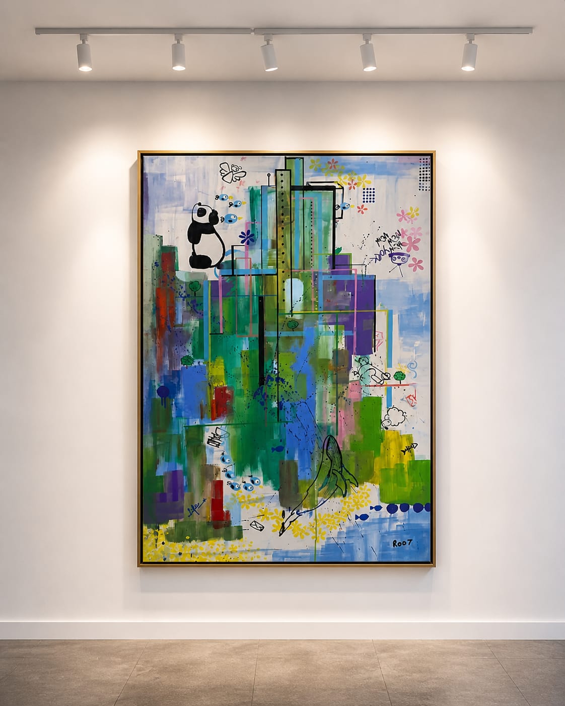 Quadro abstrato grande contemporâneo com panda e elementos coloridos — obra abstrata original de Rodney Silva