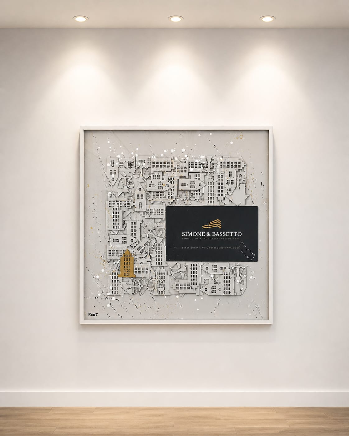 Arte corporativa personalizada com resíduos de MDF reciclado — obra Concept 08 de Rodney Silva