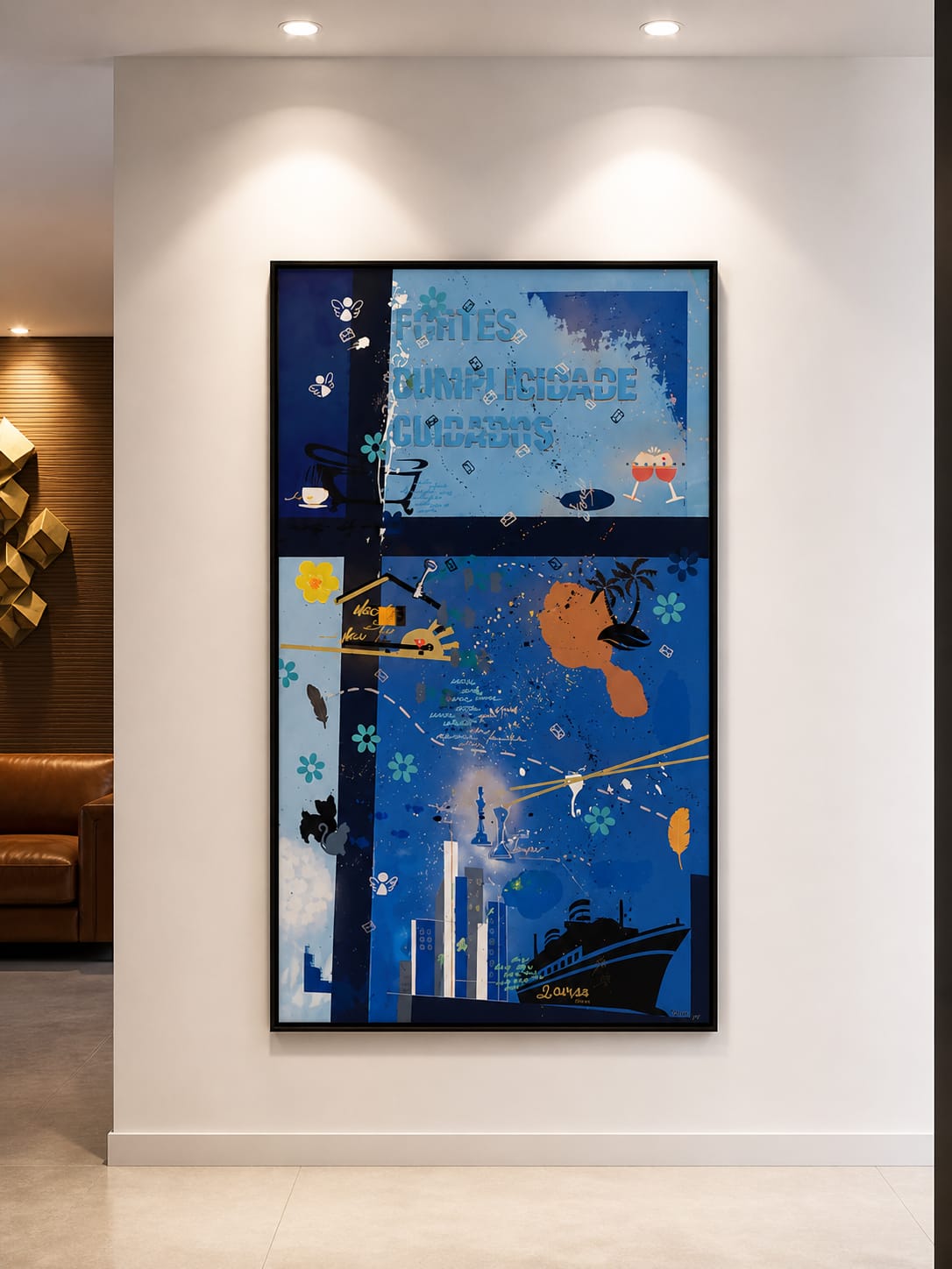 Quadro personalizado em tons azuis com simbologia da história do cliente — série Histórias de Rodney Silva